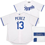 Kansas City Royals Salvador Perez Autographed White Nike Jersey Size XL Beckett BAS Witness Stock #254168