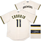 Milwaukee Brewers Jackson Chourio Autographed Cream Nike Jersey Size L Beckett BAS QR Stock #254434