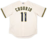 Milwaukee Brewers Jackson Chourio Autographed Cream Nike Jersey Size XL Beckett BAS QR Stock #254435