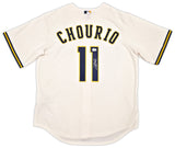 Milwaukee Brewers Jackson Chourio Autographed Cream Nike Jersey Size L Beckett BAS QR Stock #254434