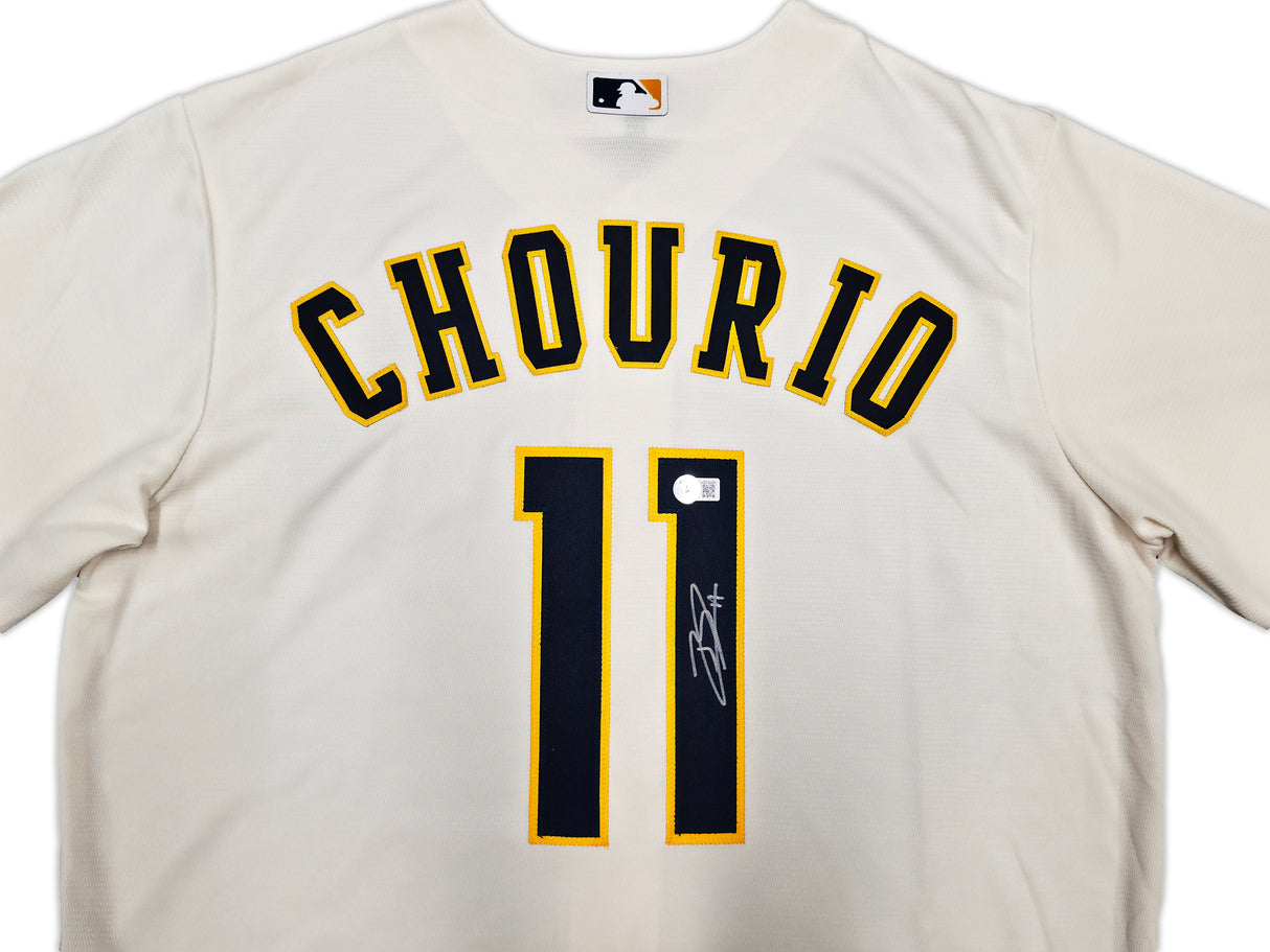Milwaukee Brewers Jackson Chourio Autographed Cream Nike Jersey Size XL Beckett BAS QR Stock #254435