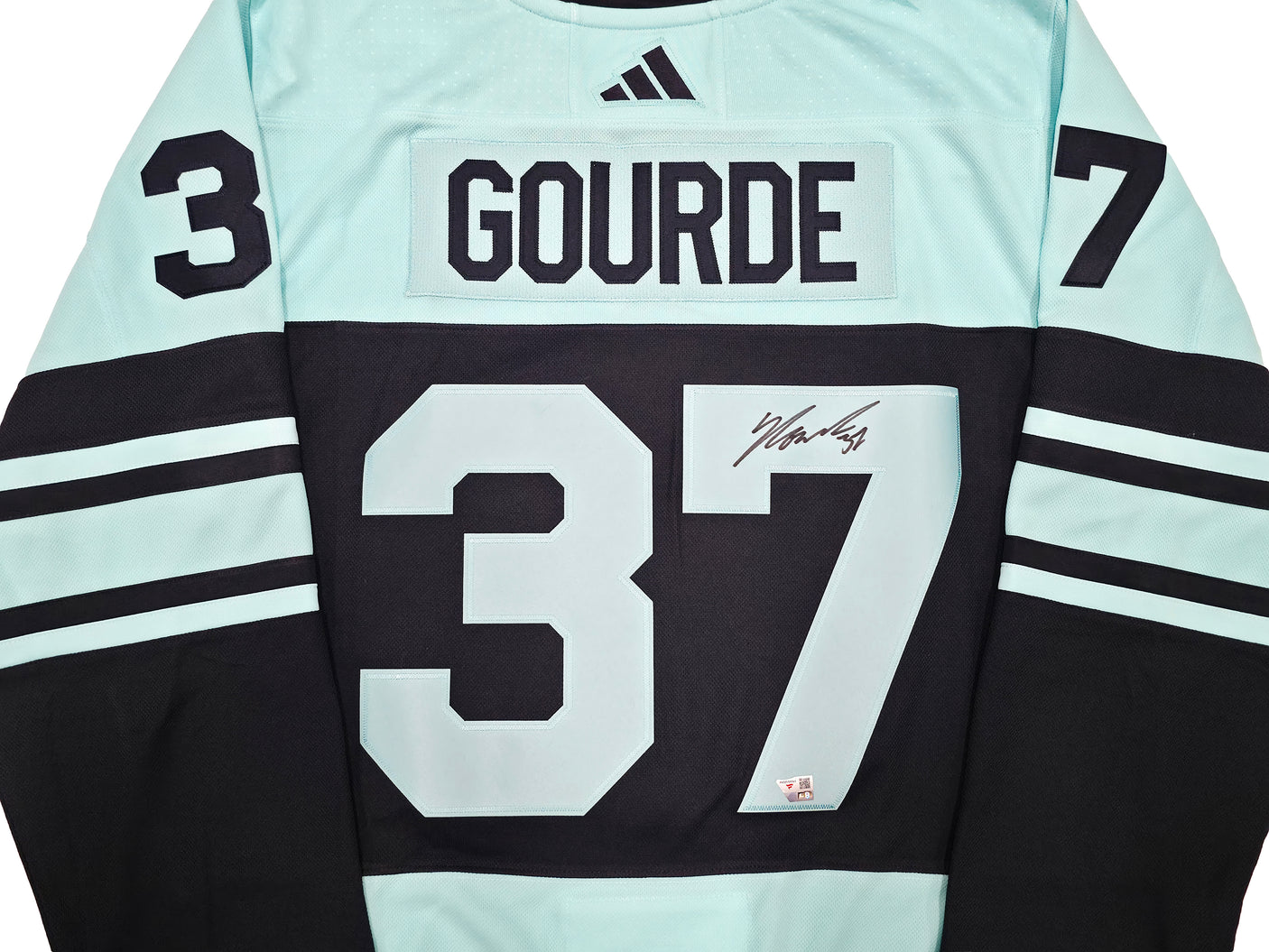 Seattle Kraken Yanni Gourde Autographed Blue & Green Adidas Authentic Primegreen Reverse Retro Jersey Size 54 Fanatics Holo Stock #254448