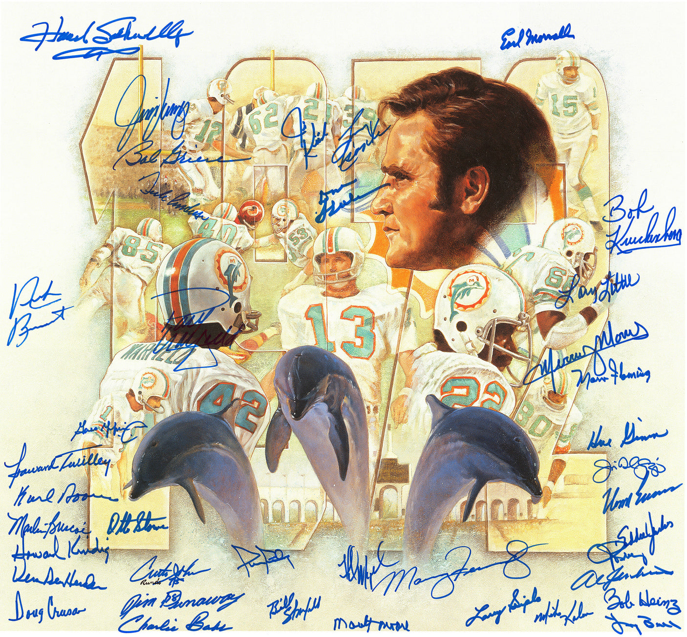 1972 Miami Dolphins Perfect Season Team Autographed 24x24 Lithograph Photo With 40 Signatures Including Shula & Griese Fanatics Holo Stock #255477
