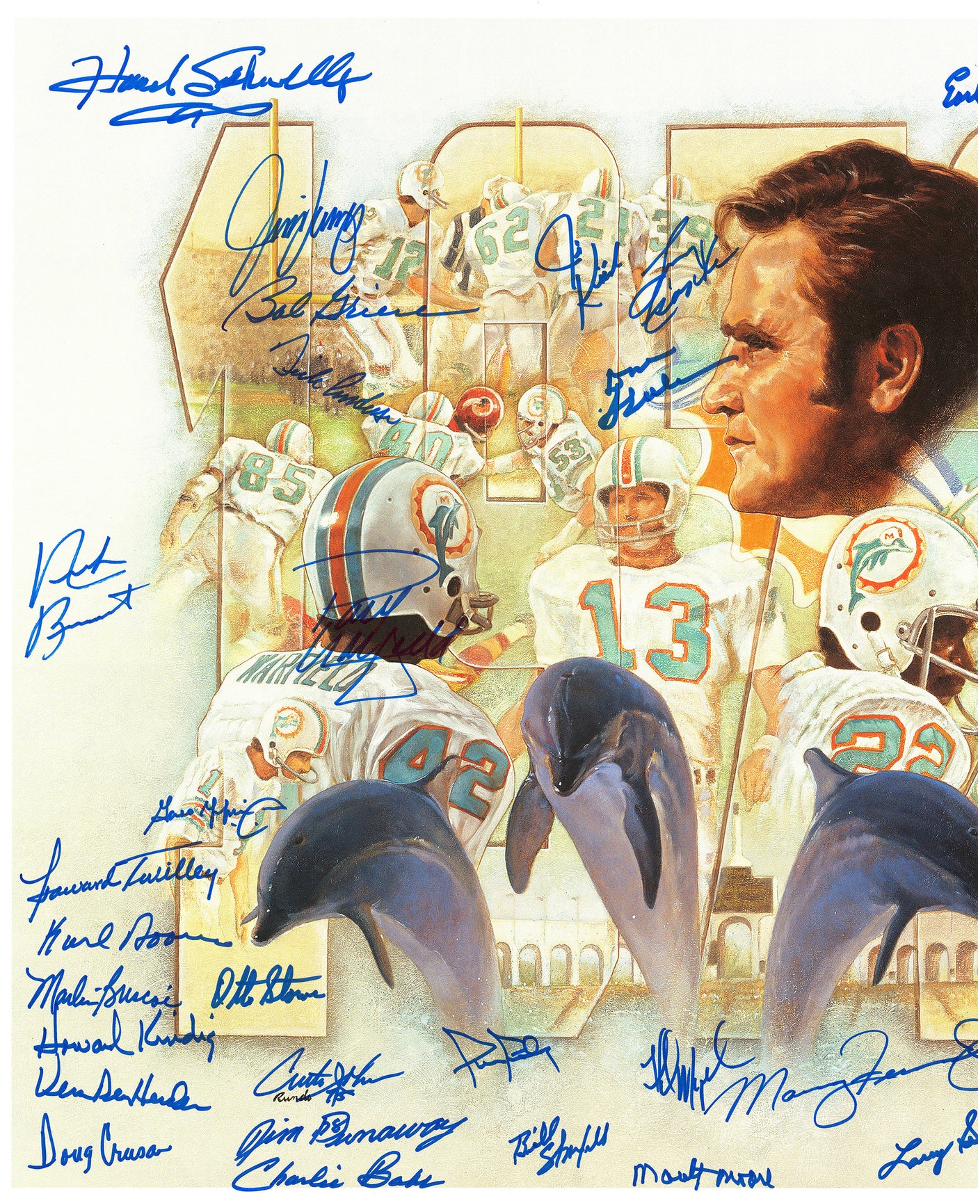 1972 Miami Dolphins Perfect Season Team Autographed 24x24 Lithograph Photo With 40 Signatures Including Shula & Griese Fanatics Holo Stock #255477