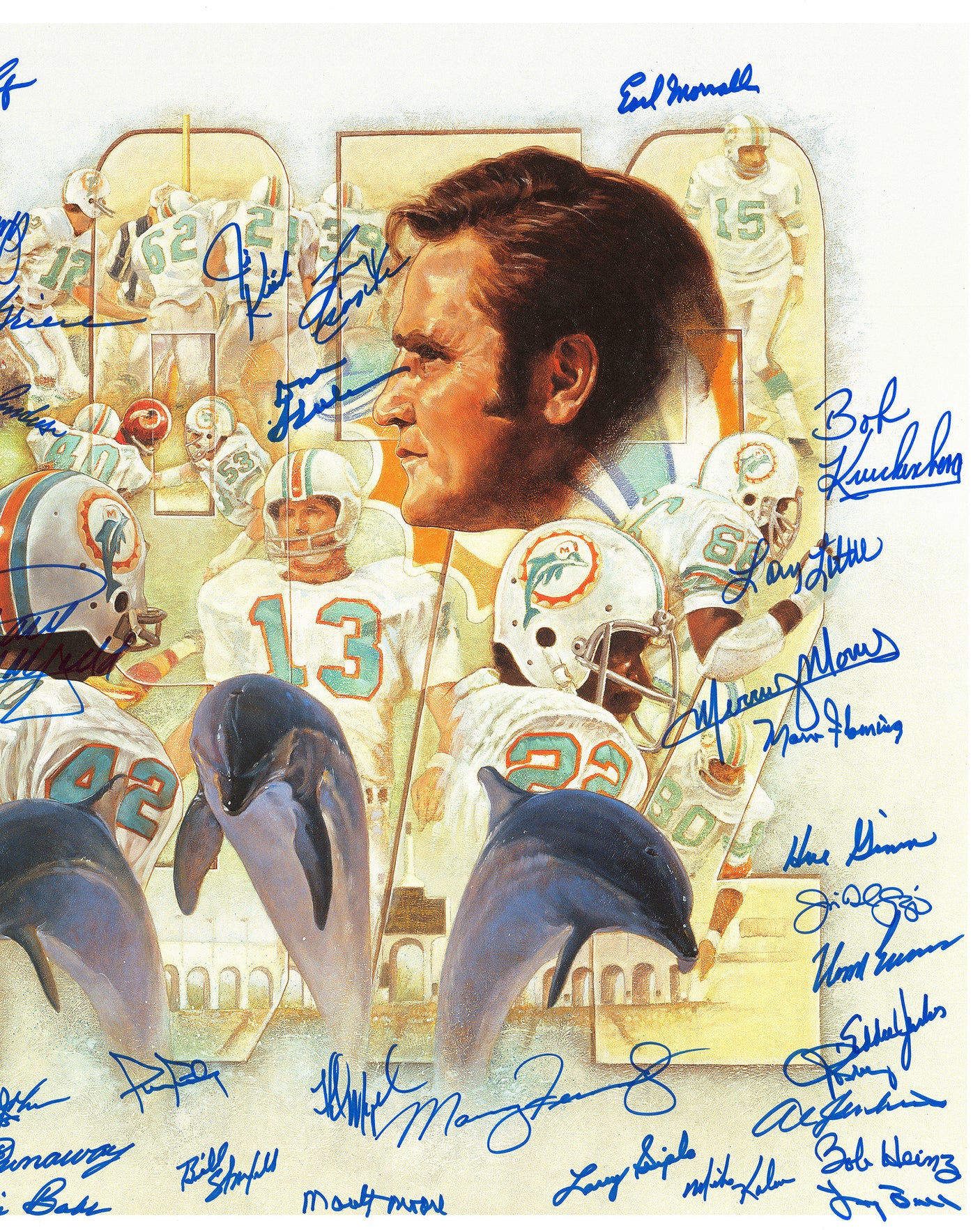 1972 Miami Dolphins Perfect Season Team Autographed 24x24 Lithograph Photo With 40 Signatures Including Shula & Griese Fanatics Holo Stock #255477