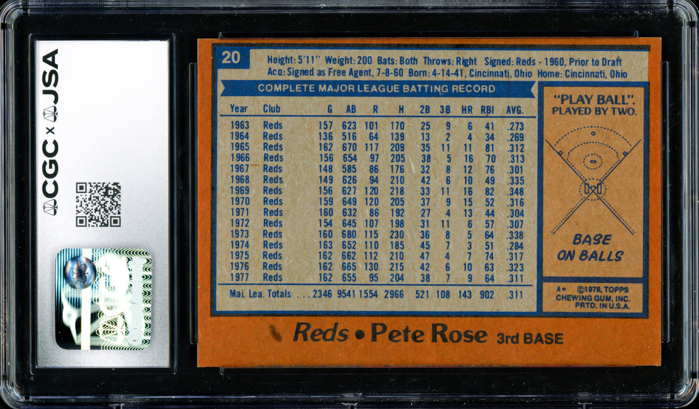 Pete Rose Autographed 1978 Topps Card #20 Cincinnati Reds CGC x JSA 7.5 CGC x JSA Stock #254361