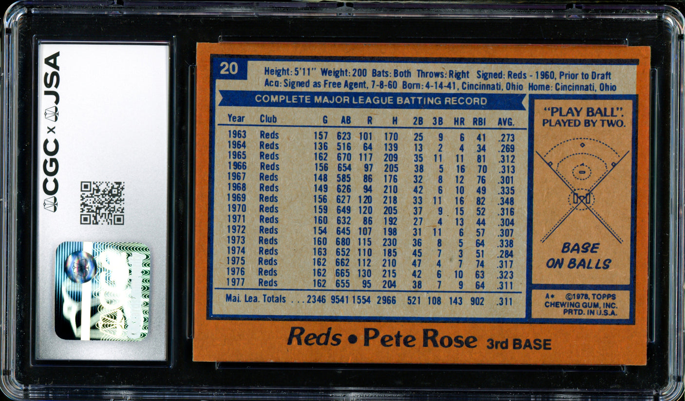 Pete Rose Autographed 1978 Topps Card #20 Cincinnati Reds CGC x JSA 7 CGC x JSA Stock #254362