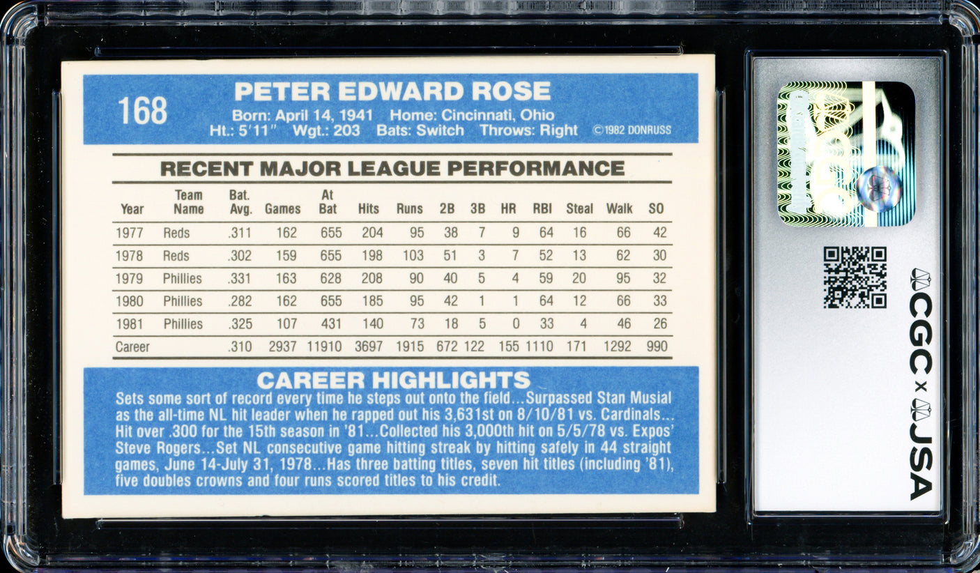 Pete Rose Autographed 1982 Donruss Card #168 Philadelphia Phillies CGC x JSA Stock #254364