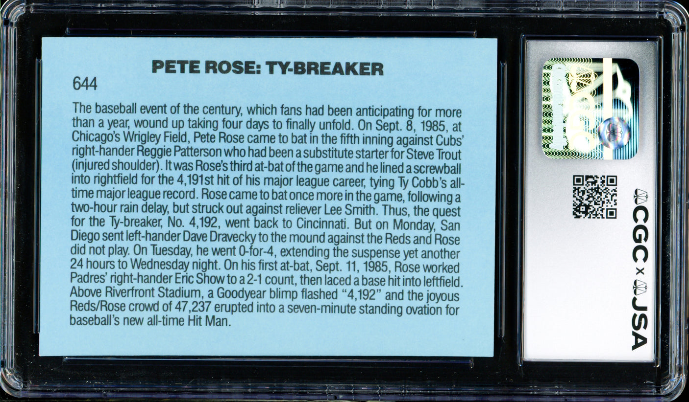 Pete Rose Autographed 1986 Donruss Card #644 Cincinnati Reds Auto Grade Gem Mint 10 CGC x JSA Stock #254374
