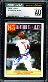 Pete Rose Autographed 1986 Topps Card #206 Cincinnati Reds Auto Grade Gem Mint 10 CGC x JSA Stock #254375