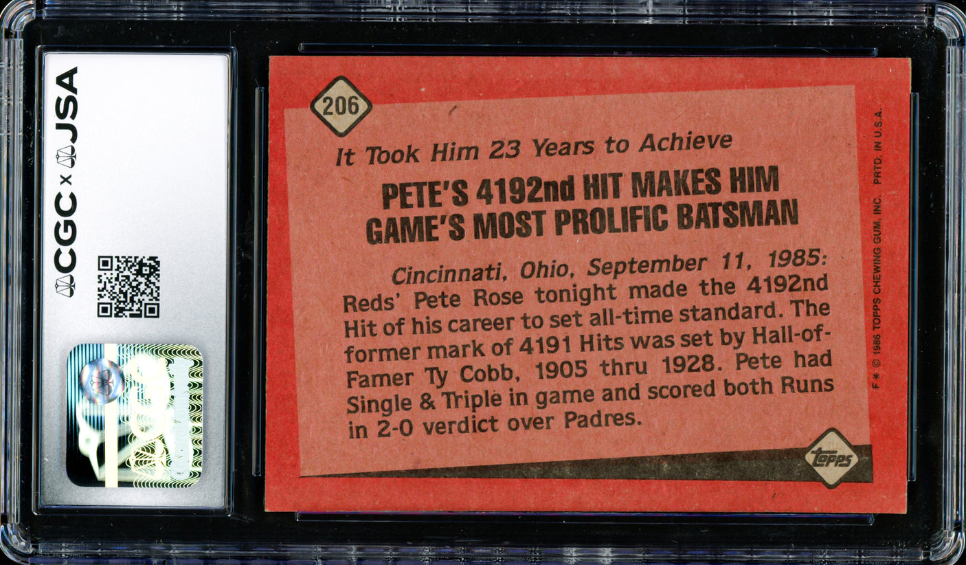 Pete Rose Autographed 1986 Topps Card #206 Cincinnati Reds Auto Grade Gem Mint 10 CGC x JSA Stock #254375