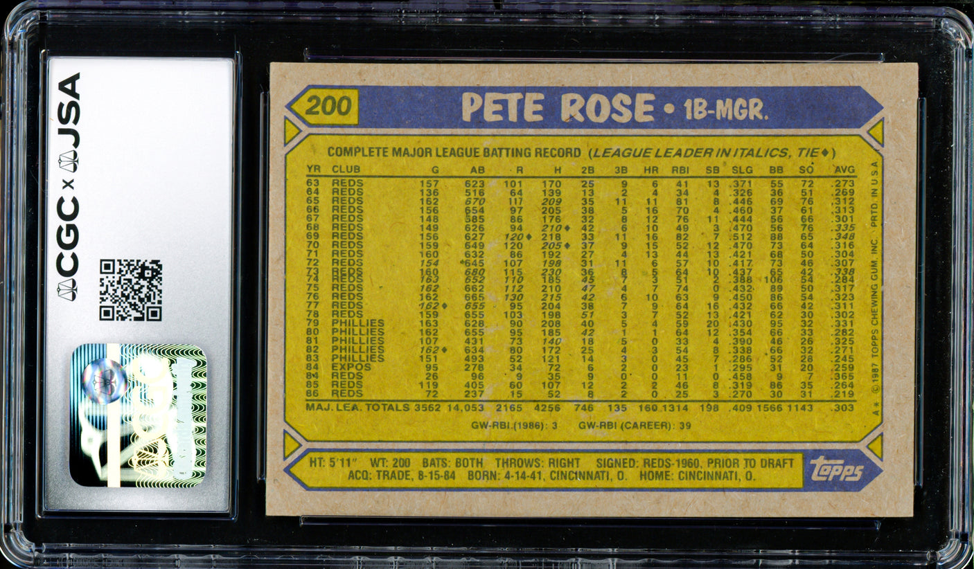 Pete Rose Autographed 1987 Topps Card #200 Cincinnati Reds Auto Grade Gem Mint 10 CGC x JSA Stock #254378