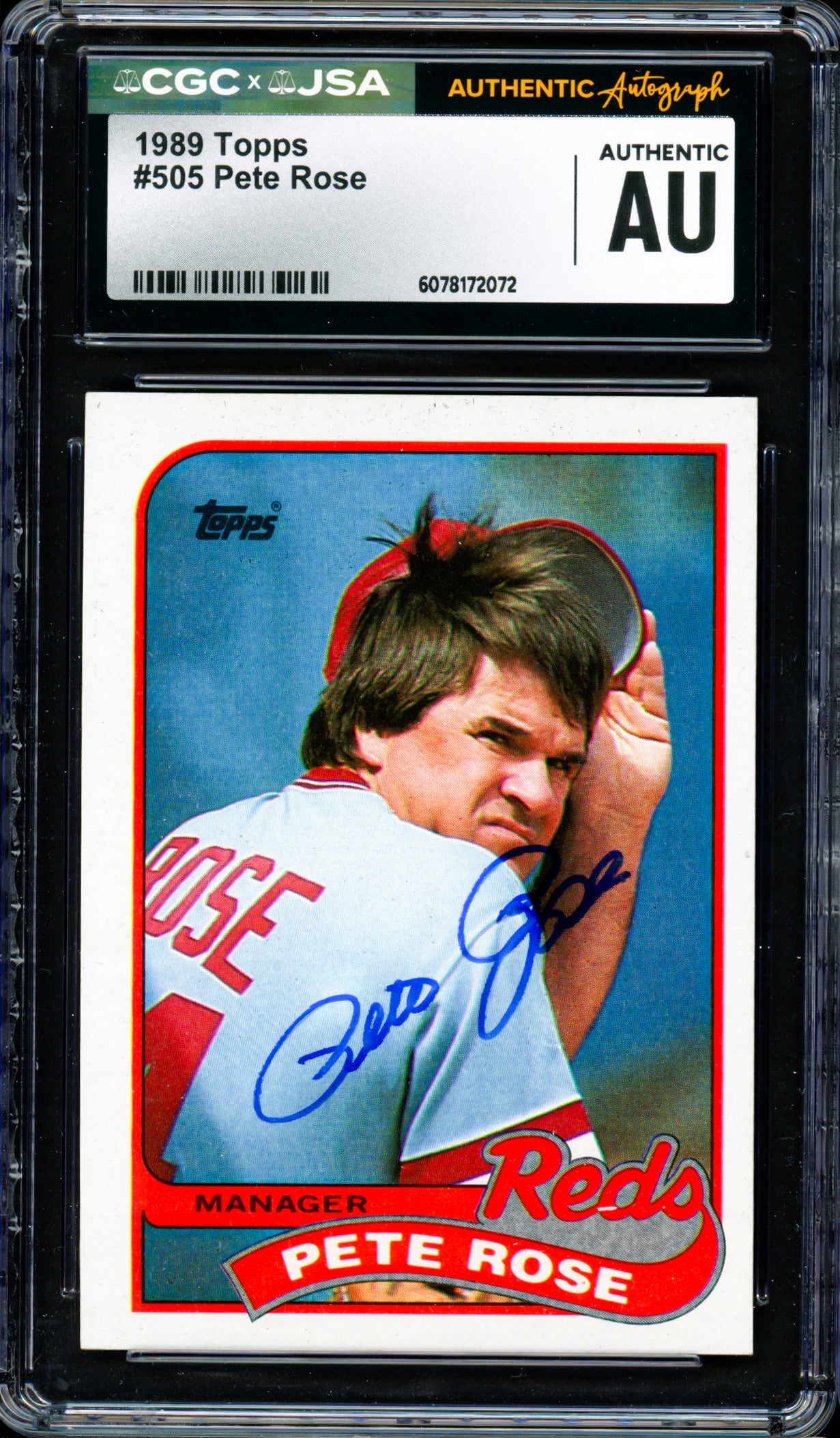 Pete Rose Autographed 1989 Topps Card #505 Cincinnati Reds CGC x JSA Stock #254383
