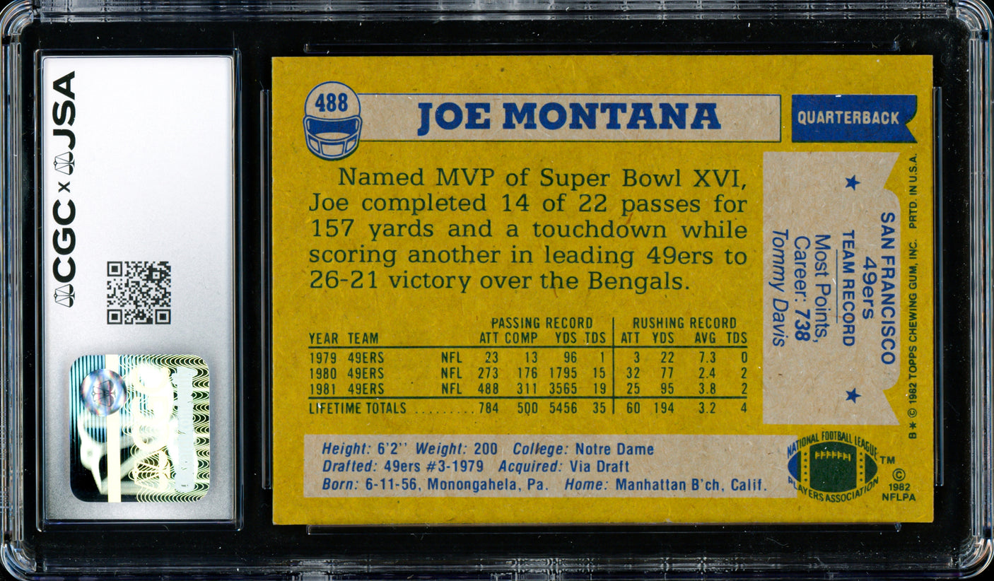 Joe Montana Autographed 1982 Topps Card #488 San Francisco 49ers CGC x JSA 8 CGC x JSA Stock #254385