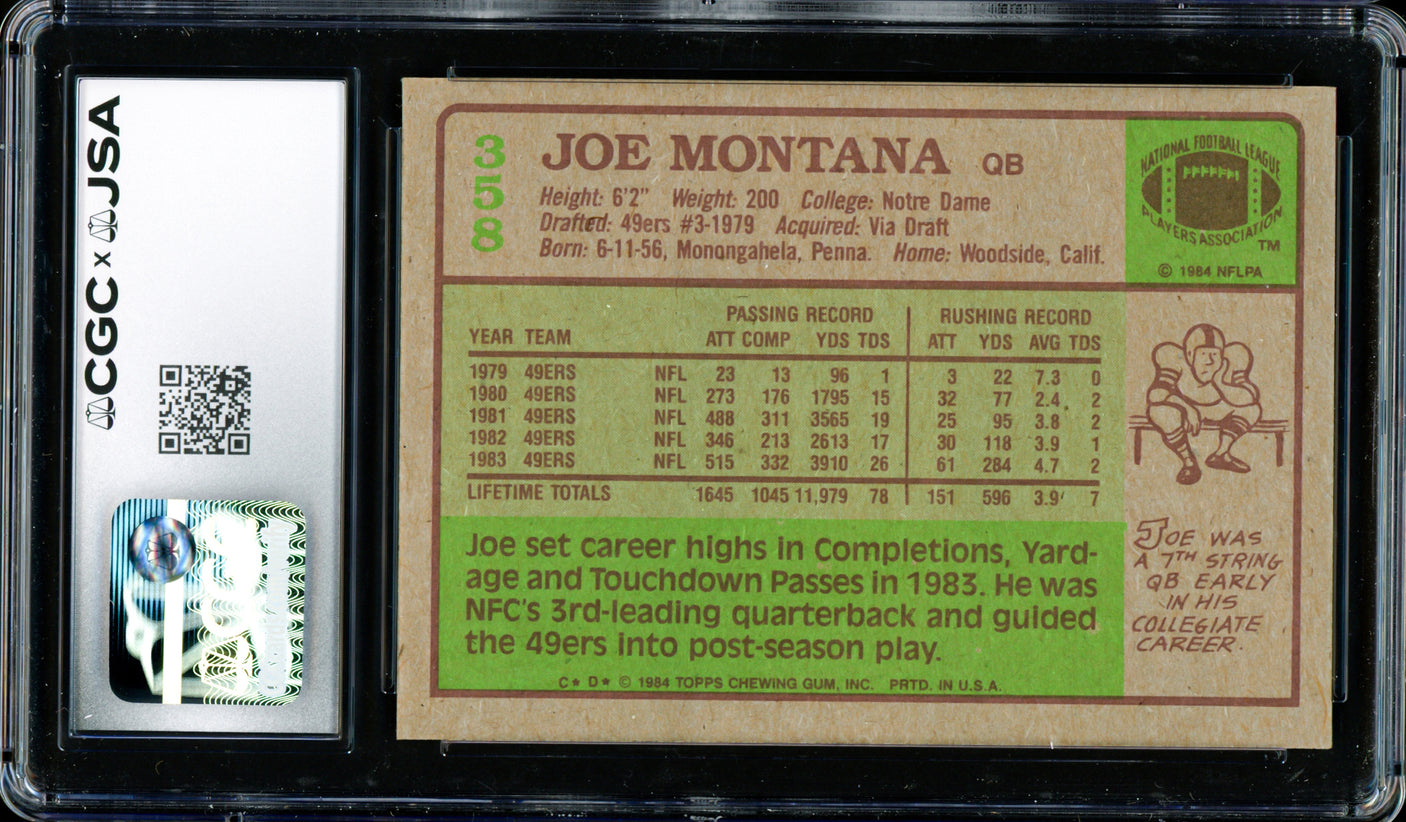 Joe Montana Autographed 1984 Topps Card #358 San Francisco 49ers CGC x JSA Stock #254395
