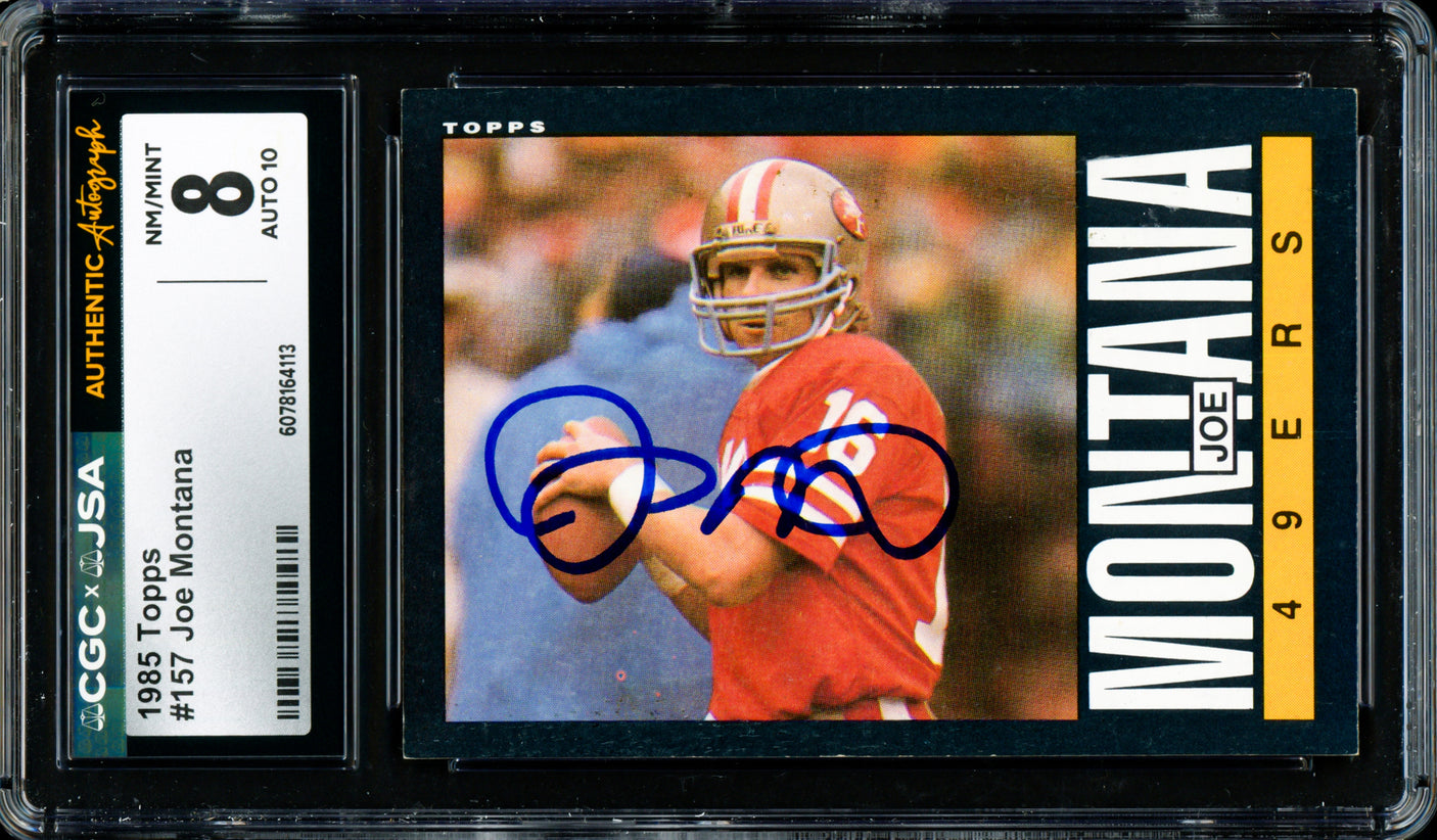 Joe Montana Autographed 1985 Topps Card #157 San Francisco 49ers CGC x JSA 8 Auto Grade Gem Mint 10 CGC x JSA Stock #254396