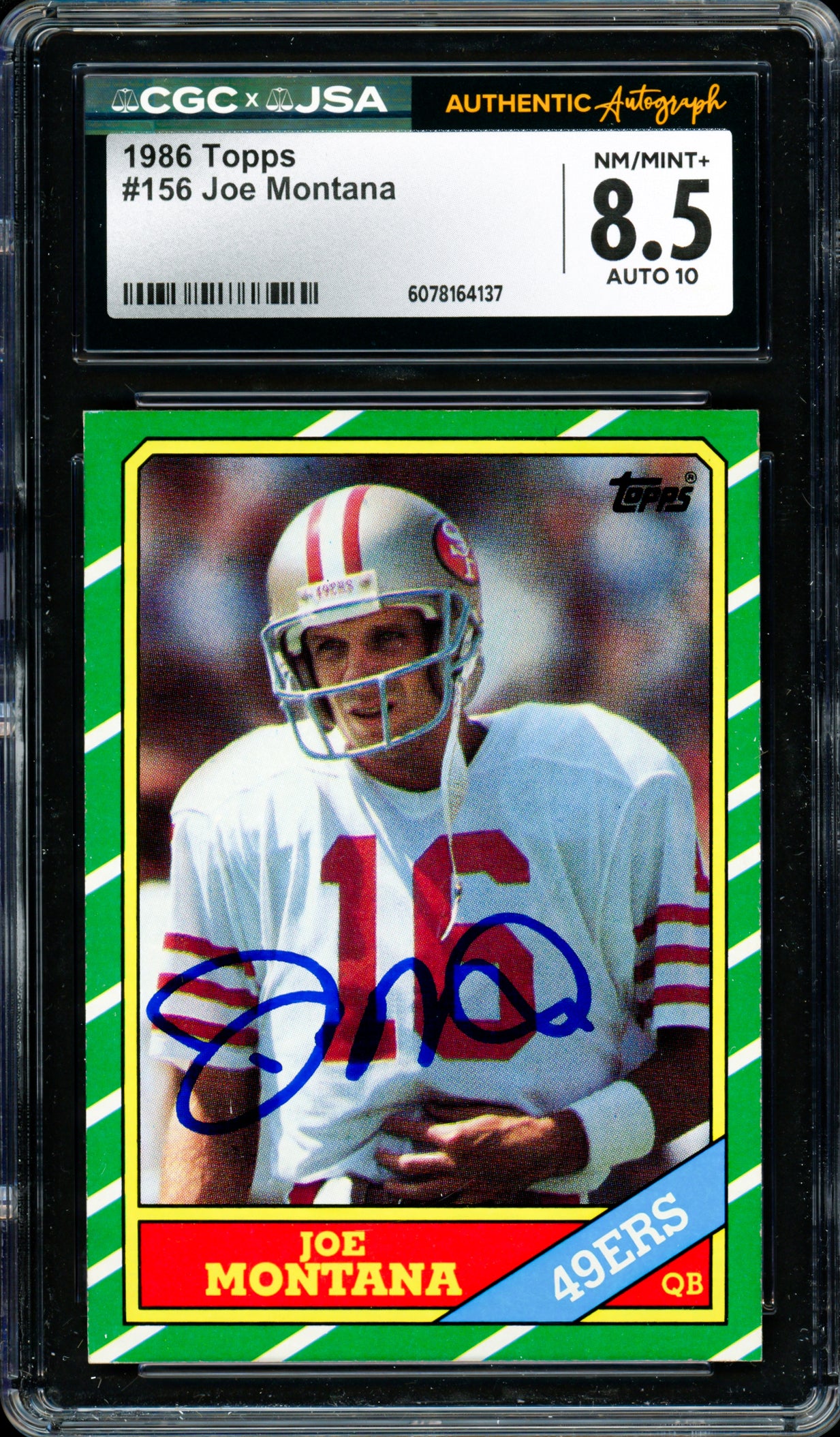 Joe Montana Autographed 1986 Topps Card #156 San Francisco 49ers CGC x JSA 8.5 Auto Grade Gem Mint 10 CGC x JSA Stock #254397