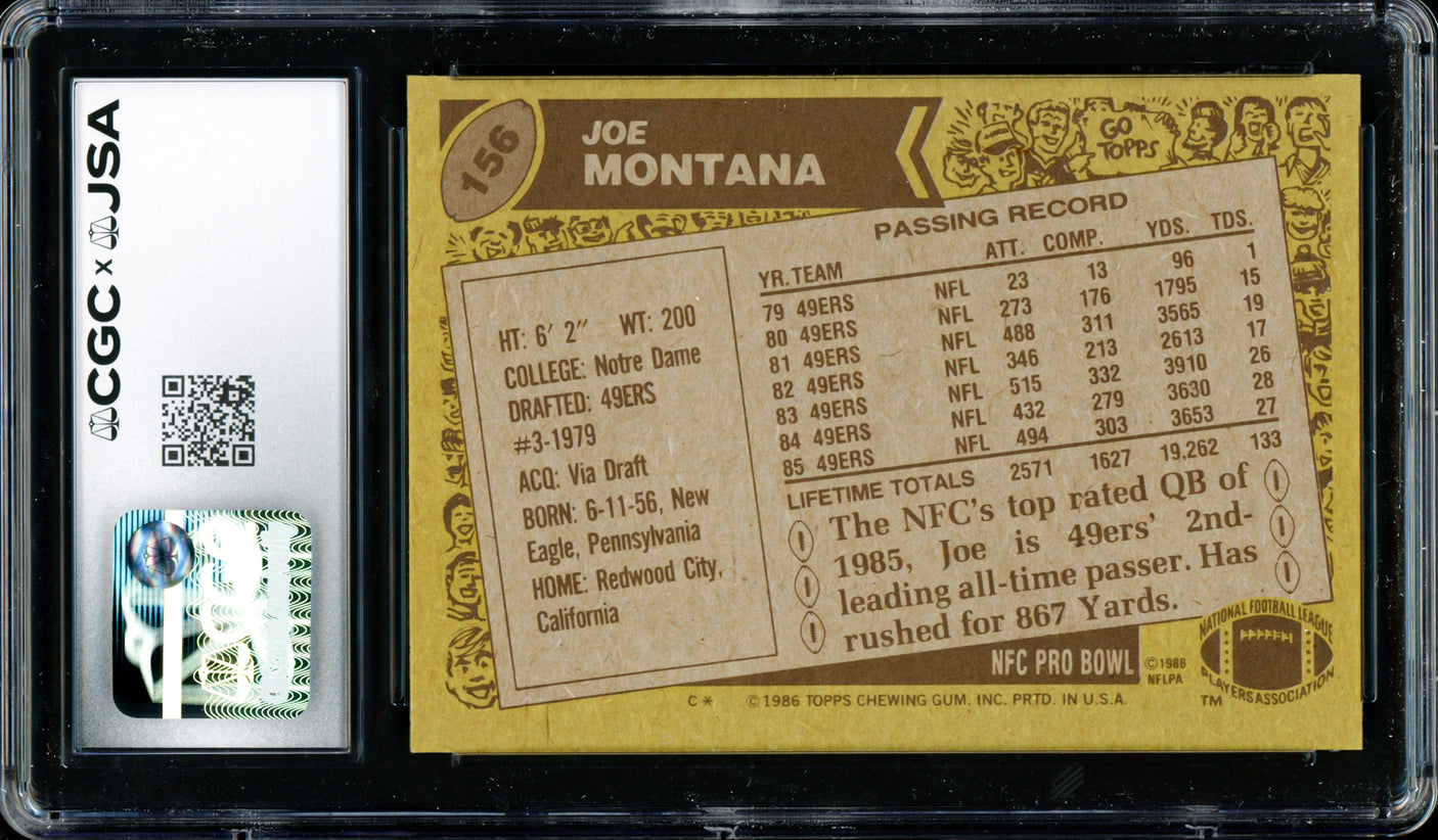 Joe Montana Autographed 1986 Topps Card #156 San Francisco 49ers CGC x JSA 8.5 Auto Grade Gem Mint 10 CGC x JSA Stock #254397