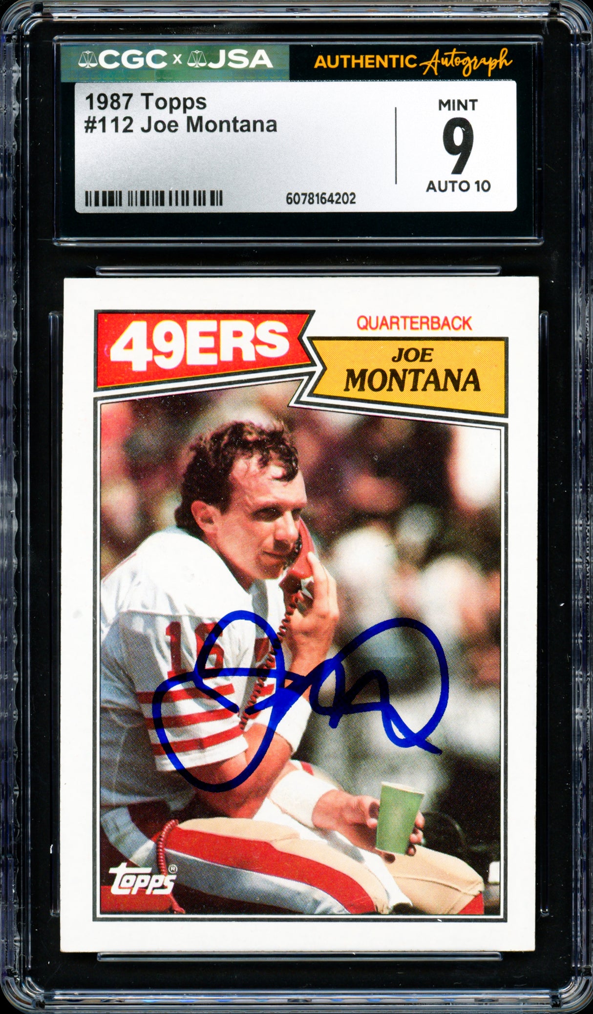Joe Montana Autographed 1987 Topps Card #112 San Francisco 49ers CGC x JSA 9 Auto Grade Gem Mint 10 CGC x JSA Stock #254401