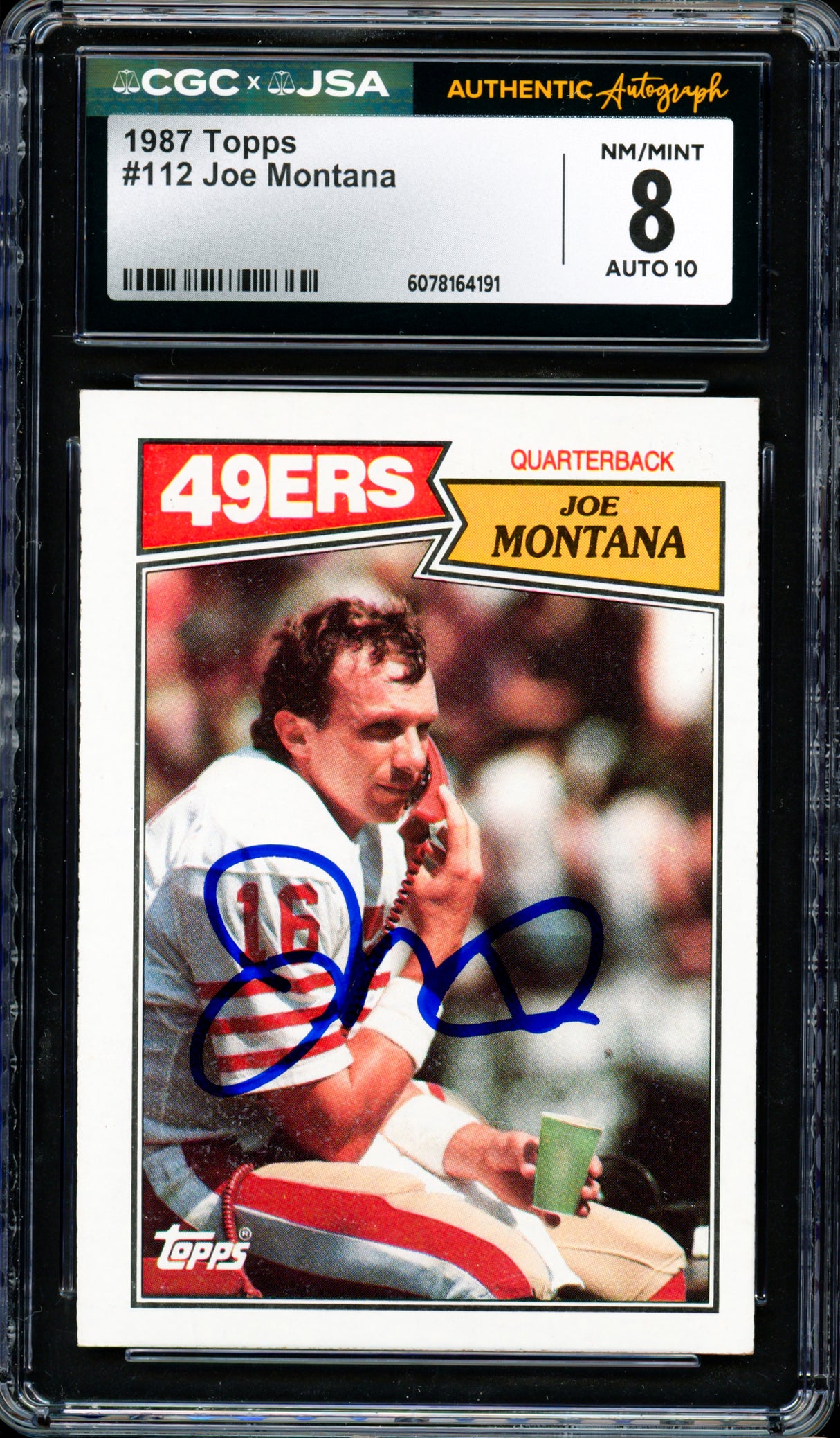 Joe Montana Autographed 1987 Topps Card #112 San Francisco 49ers CGC x JSA 8 Auto Grade Gem Mint 10 CGC x JSA Stock #254403