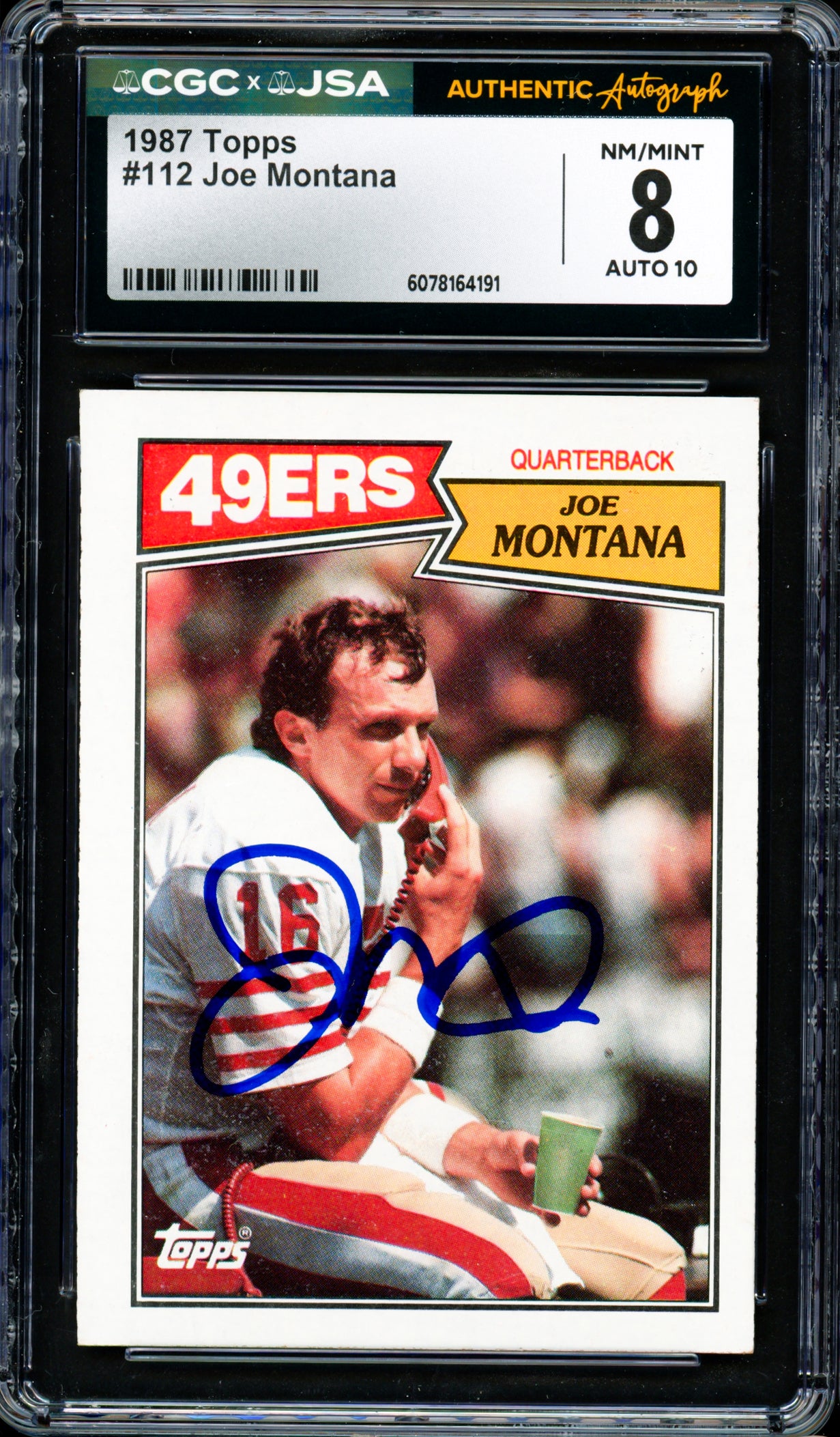 Joe Montana Autographed 1987 Topps Card #112 San Francisco 49ers CGC x JSA 8 Auto Grade Gem Mint 10 CGC x JSA Stock #254403