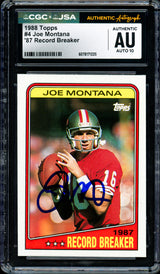 Joe Montana Autographed 1988 Topps Card #4 San Francisco 49ers Auto Grade Gem Mint 10 CGC x JSA Stock #254405