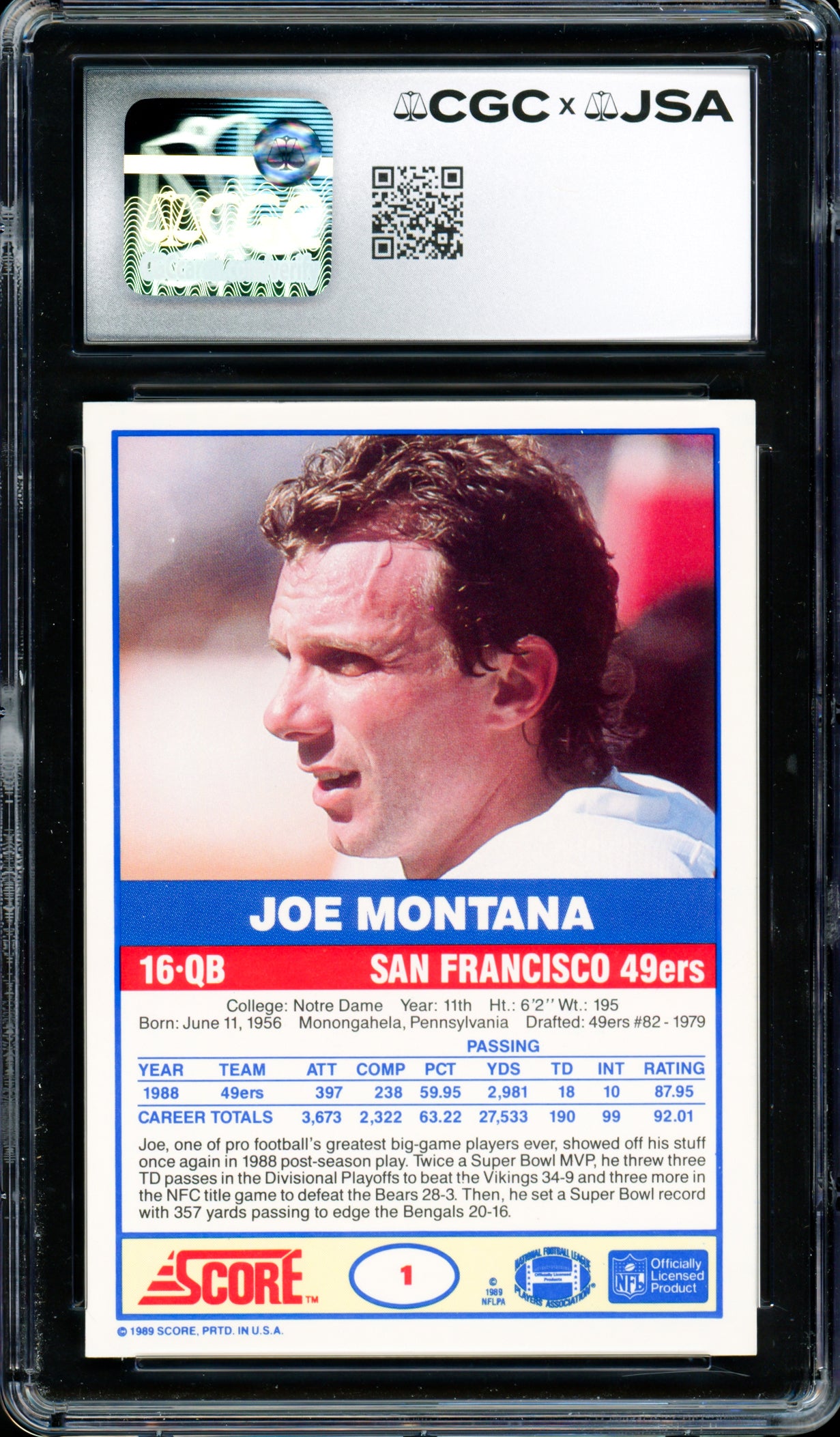 Joe Montana Autographed 1989 Score Card #1 San Francisco 49ers CGC x JSA 9.5 Auto Grade Gem Mint 10 CGC x JSA Stock #254408