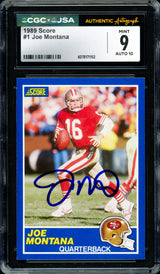 Joe Montana Autographed 1989 Score Card #1 San Francisco 49ers CGC x JSA 9 Auto Grade Gem Mint 10 CGC x JSA Stock #254409