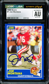 Joe Montana Autographed 1989 Score Card #1 San Francisco 49ers Auto Grade Gem Mint 10 CGC x JSA Stock #254410