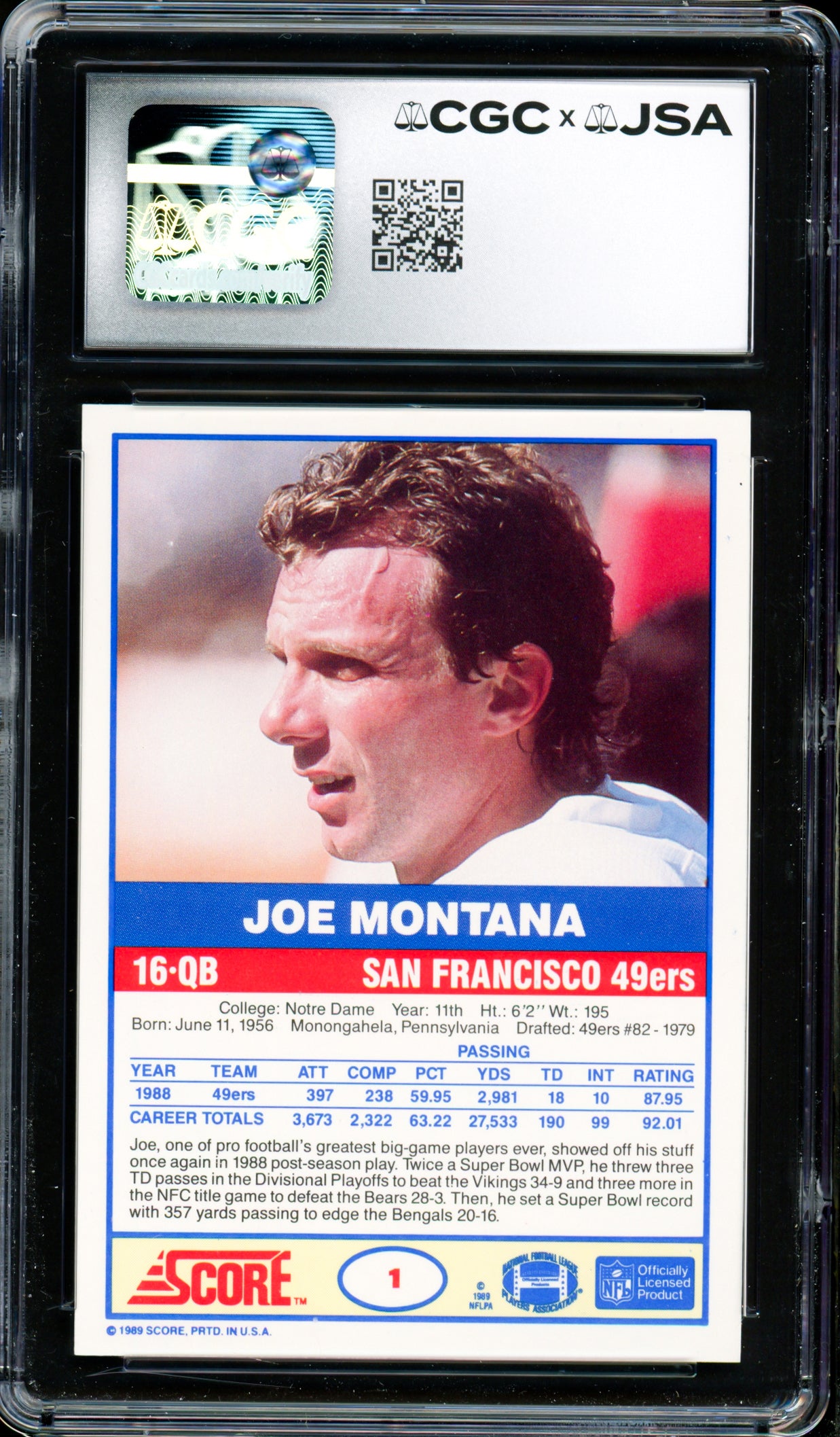 Joe Montana Autographed 1989 Score Card #1 San Francisco 49ers Auto Grade Gem Mint 10 CGC x JSA Stock #254410
