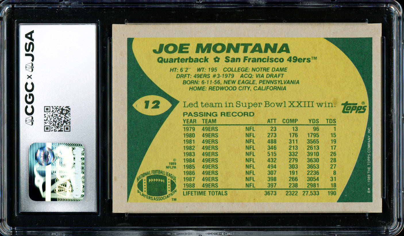 Joe Montana Autographed 1989 Topps Card #12 San Francisco 49ers Auto Grade Gem Mint 10 CGC x JSA Stock #254412