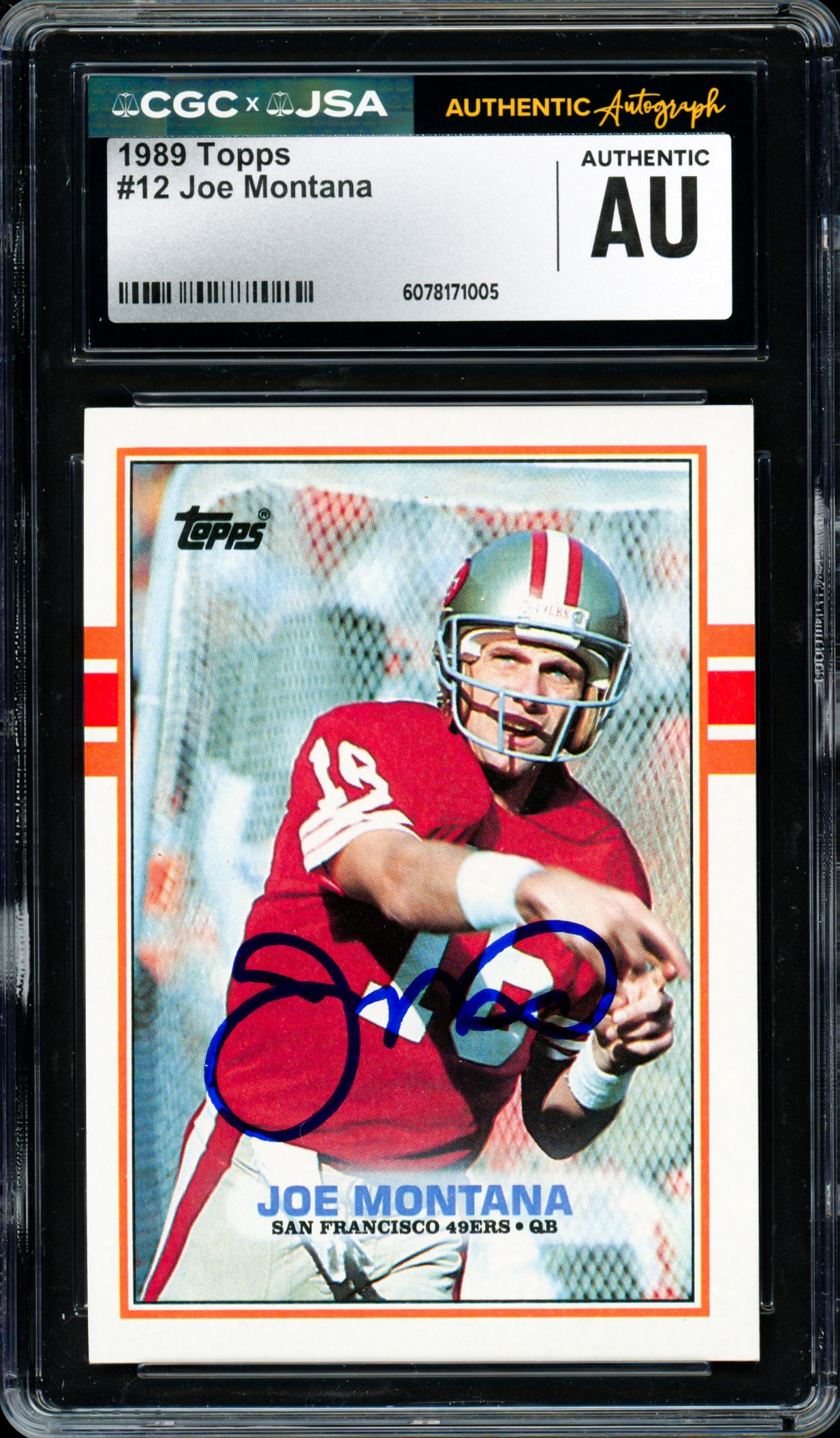 Joe Montana Autographed 1989 Topps Card #12 San Francisco 49ers CGC x JSA Stock #254413
