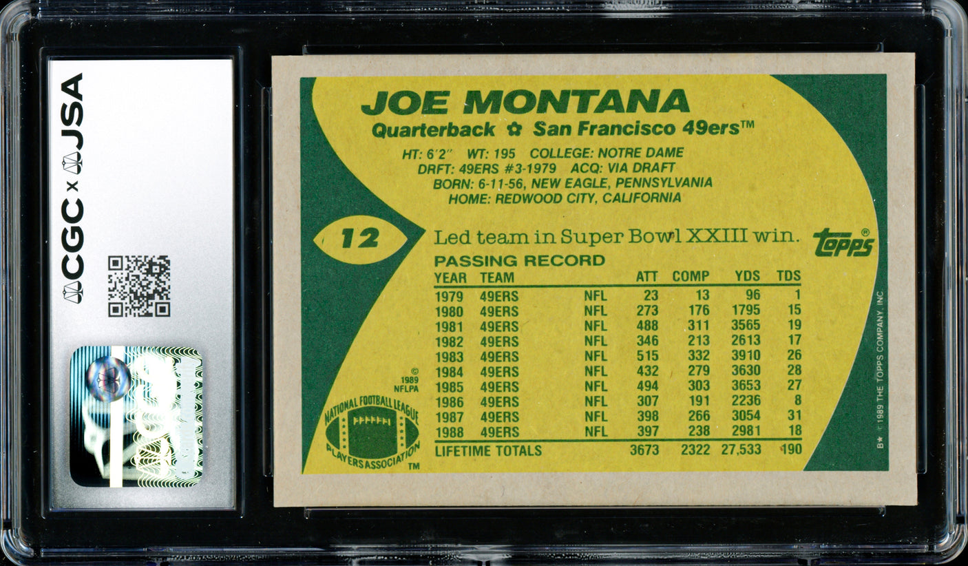 Joe Montana Autographed 1989 Topps Card #12 San Francisco 49ers CGC x JSA Stock #254413