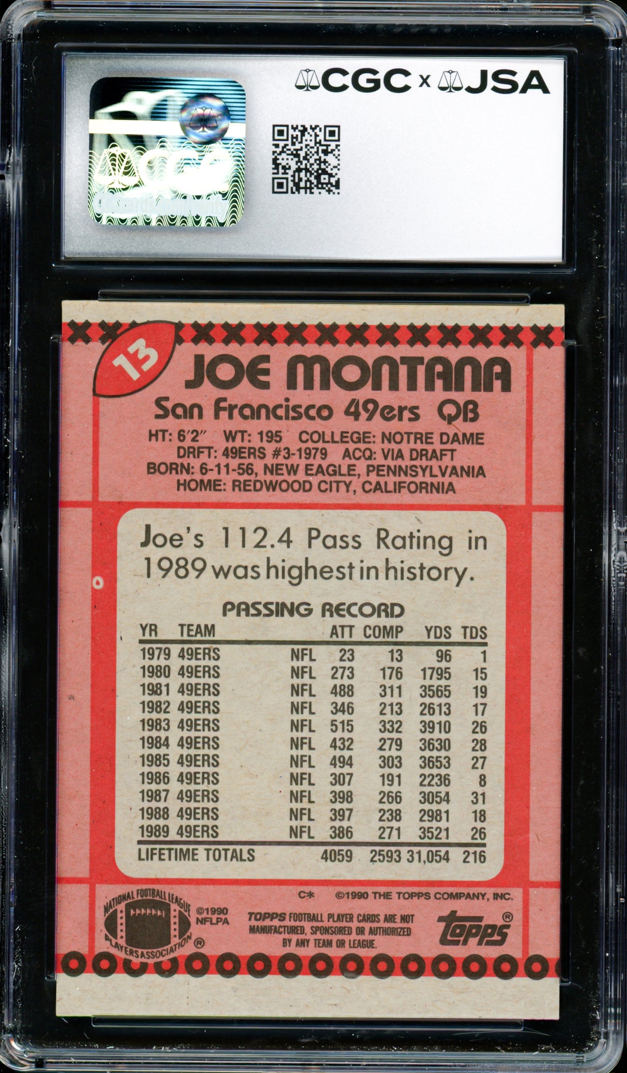 Joe Montana Autographed 1990 Topps Card #13 San Francisco 49ers Auto Grade Gem Mint 10 CGC x JSA Stock #254415