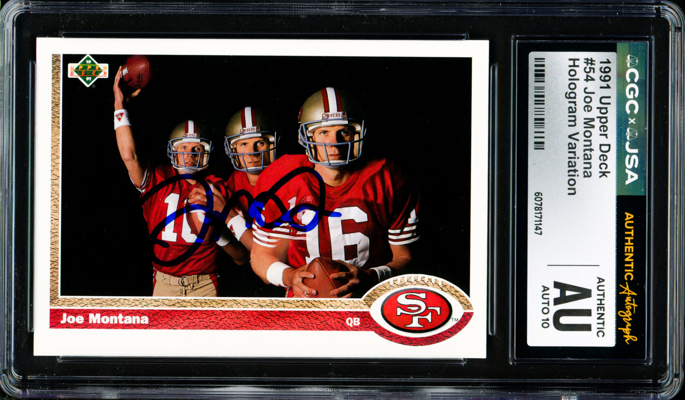 Joe Montana Autographed 1991 Upper Deck Hologram Variation Card #54 San Francisco 49ers Auto Grade Gem Mint 10 CGC x JSA Stock #254418