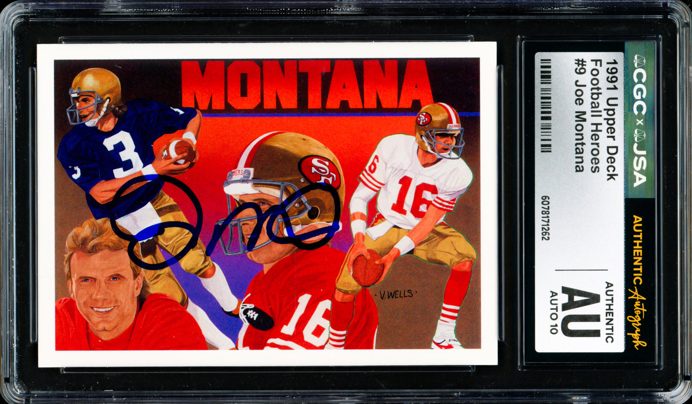Joe Montana Autographed 1991 Upper Deck Heroes Card #9 San Francisco 49ers Auto Grade Gem Mint 10 CGC x JSA Stock #254421