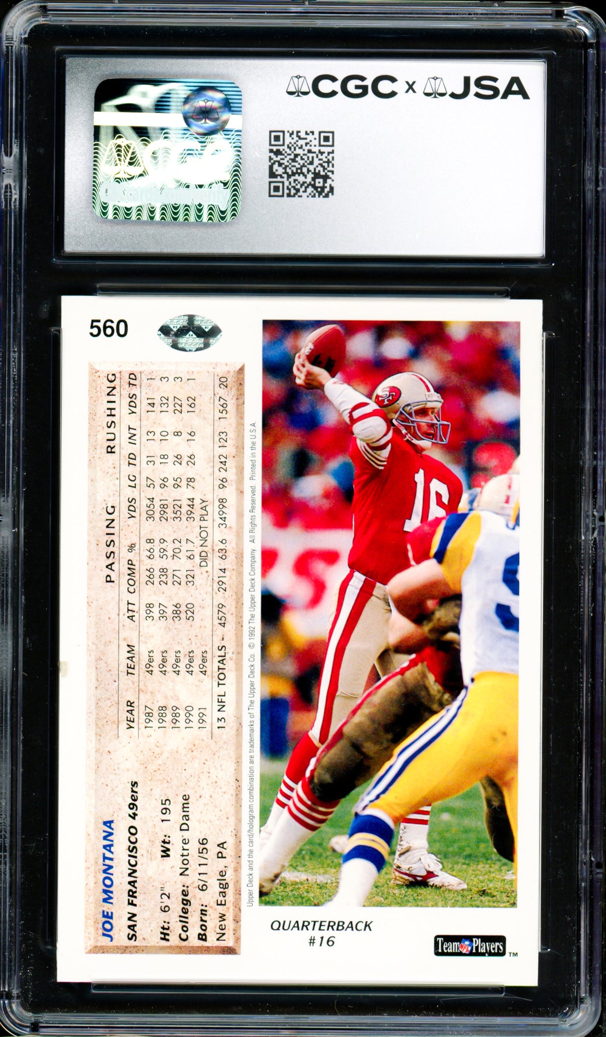 Joe Montana Autographed 1992 Upper Deck Card #560 San Francisco 49ers Auto Grade Gem Mint 10 CGC x JSA Stock #254422