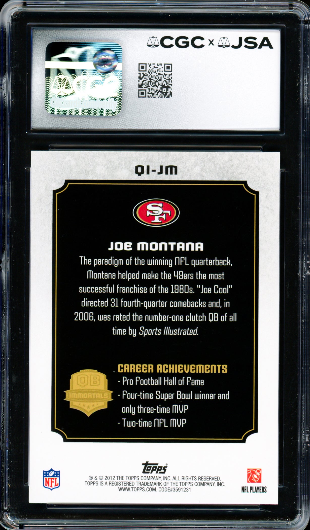 Joe Montana Autographed 2012 Topps QB Immortals Card #QI-JM San Francisco 49ers CGC x JSA 9.5 Auto Grade Gem Mint 10 CGC x JSA Stock #254423