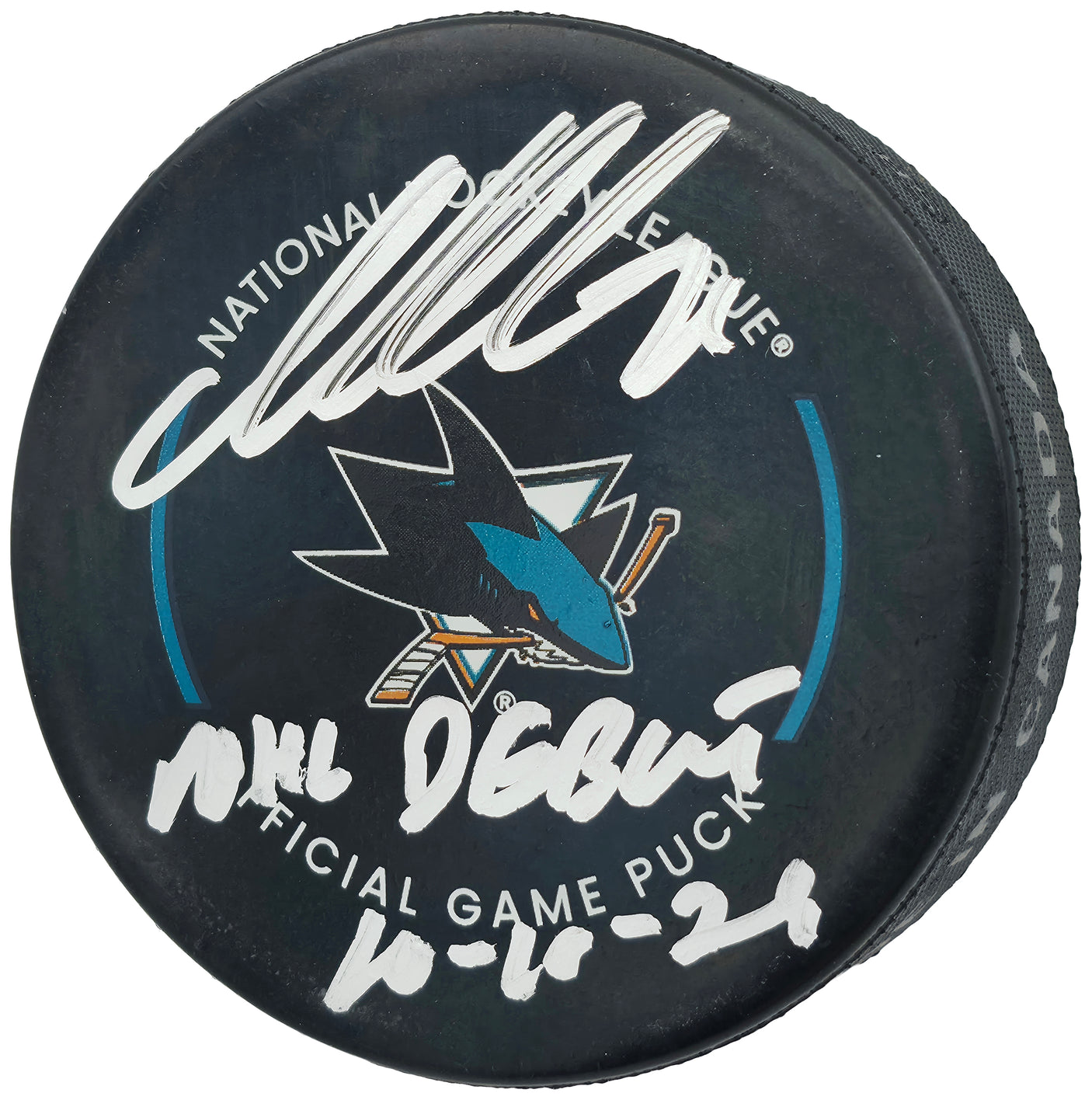 Macklin Celebrini Autographed Official San Jose Sharks Logo Game Hockey Puck "NHL Debut 10-10-24" Fanatics Holo Stock #256806