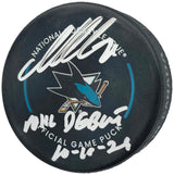 Macklin Celebrini Autographed Official San Jose Sharks Logo Game Hockey Puck "NHL Debut 10-10-24" Fanatics Holo Stock #256806