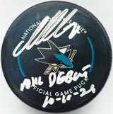 Macklin Celebrini Autographed Official San Jose Sharks Logo Game Hockey Puck "NHL Debut 10-10-24" Fanatics Holo Stock #256806