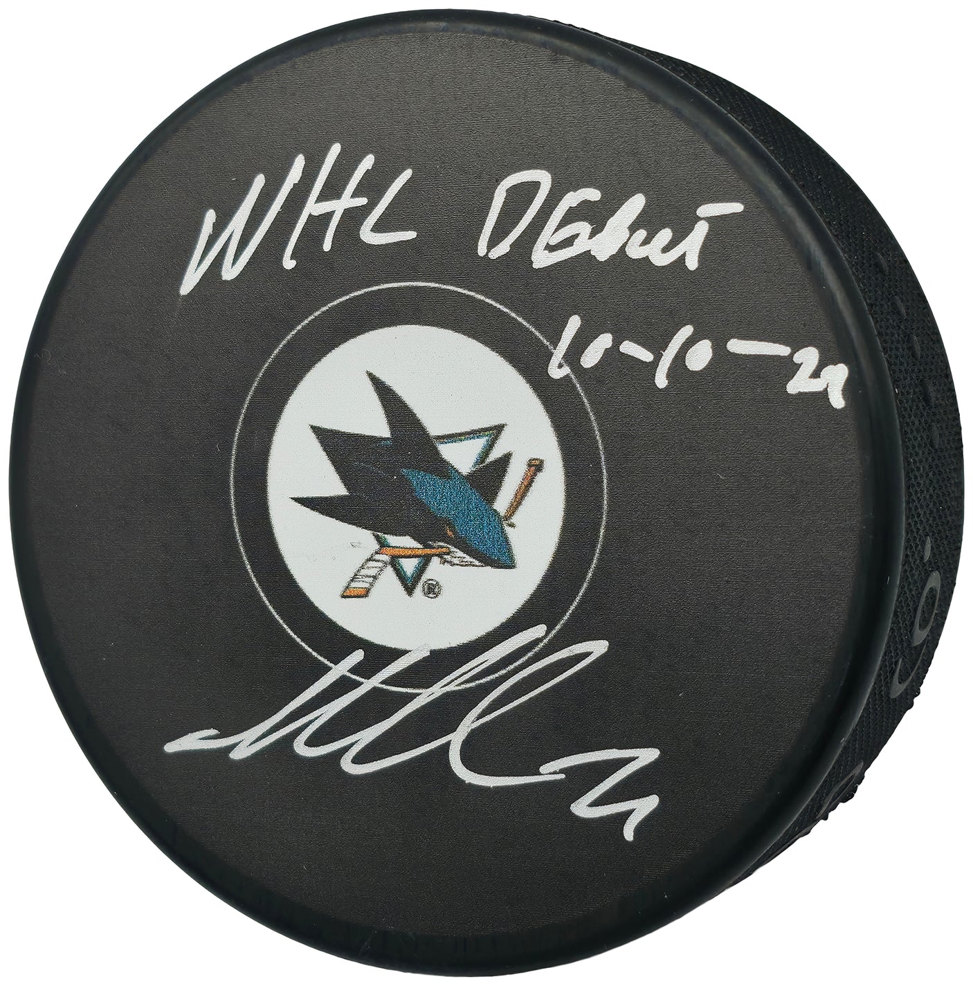 Macklin Celebrini Autographed Official San Jose Sharks Logo Hockey Puck "NHL Debut 10-10-24" Fanatics Holo Stock #256807