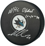 Macklin Celebrini Autographed Official San Jose Sharks Logo Hockey Puck "NHL Debut 10-10-24" Fanatics Holo Stock #256807