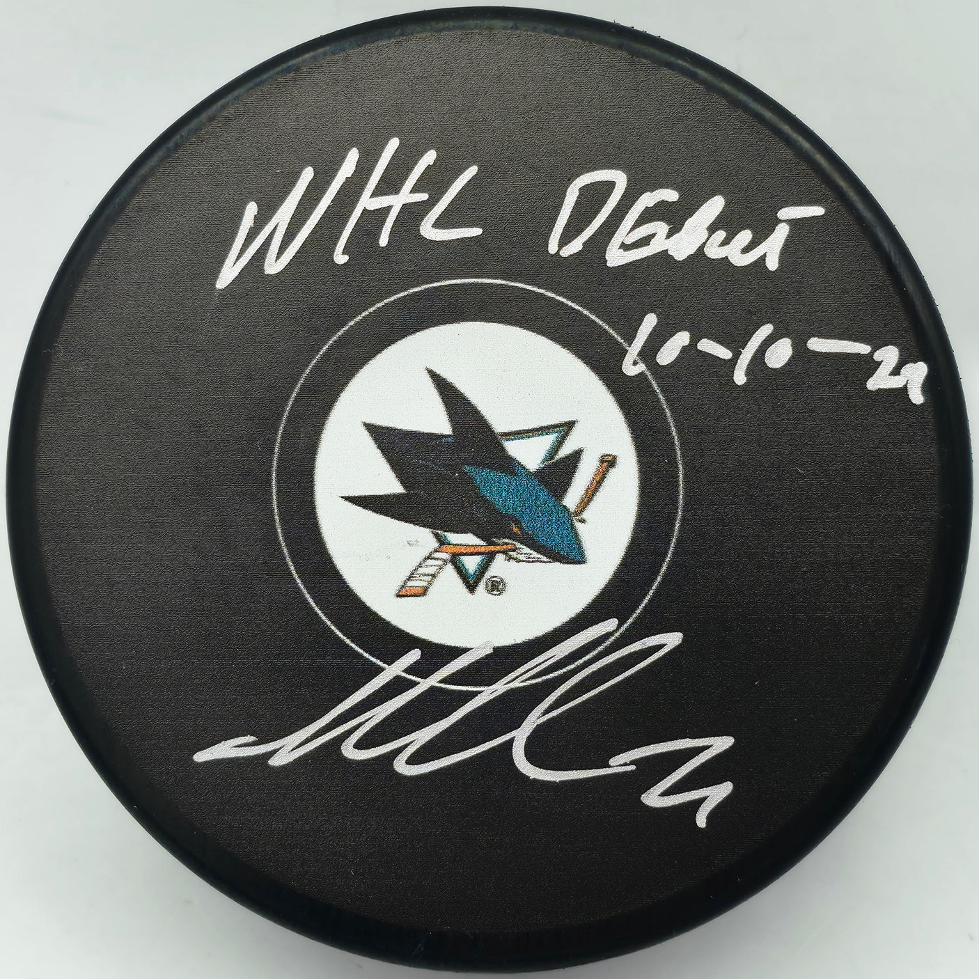 Macklin Celebrini Autographed Official San Jose Sharks Logo Hockey Puck "NHL Debut 10-10-24" Fanatics Holo Stock #256807