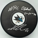 Macklin Celebrini Autographed Official San Jose Sharks Logo Hockey Puck "NHL Debut 10-10-24" Fanatics Holo Stock #256807