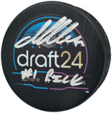 Macklin Celebrini Autographed Official 2024 Draft Logo Hockey Puck "#1 Pick" Fanatics Holo Stock #256808