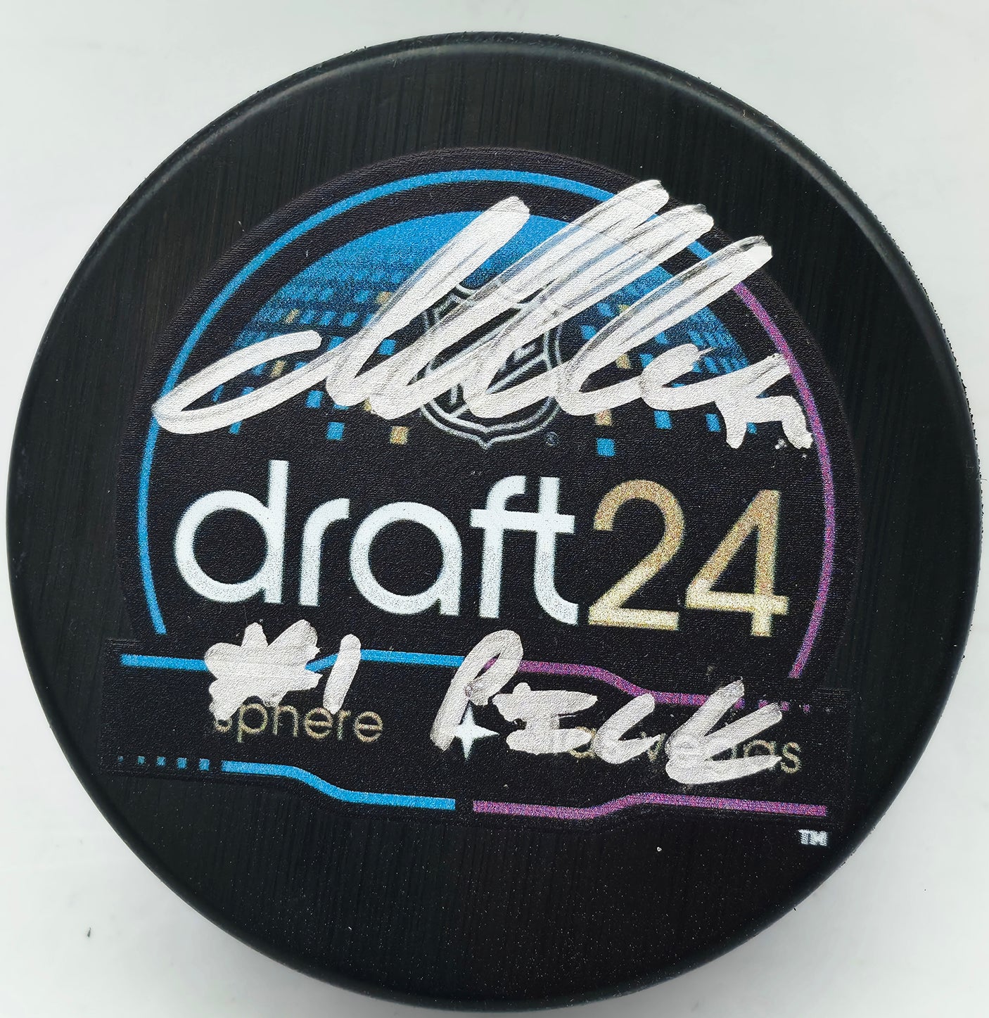 Macklin Celebrini Autographed Official 2024 Draft Logo Hockey Puck "#1 Pick" Fanatics Holo Stock #256808