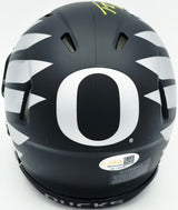 Tez Johnson Autographed Oregon Ducks Matte Black Speed Mini Helmet JSA Witness Stock #256797