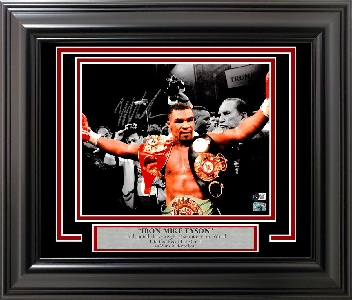 Mike Tyson Autographed Framed 11x14 Photo With Belts Beckett BAS QR Stock #256663