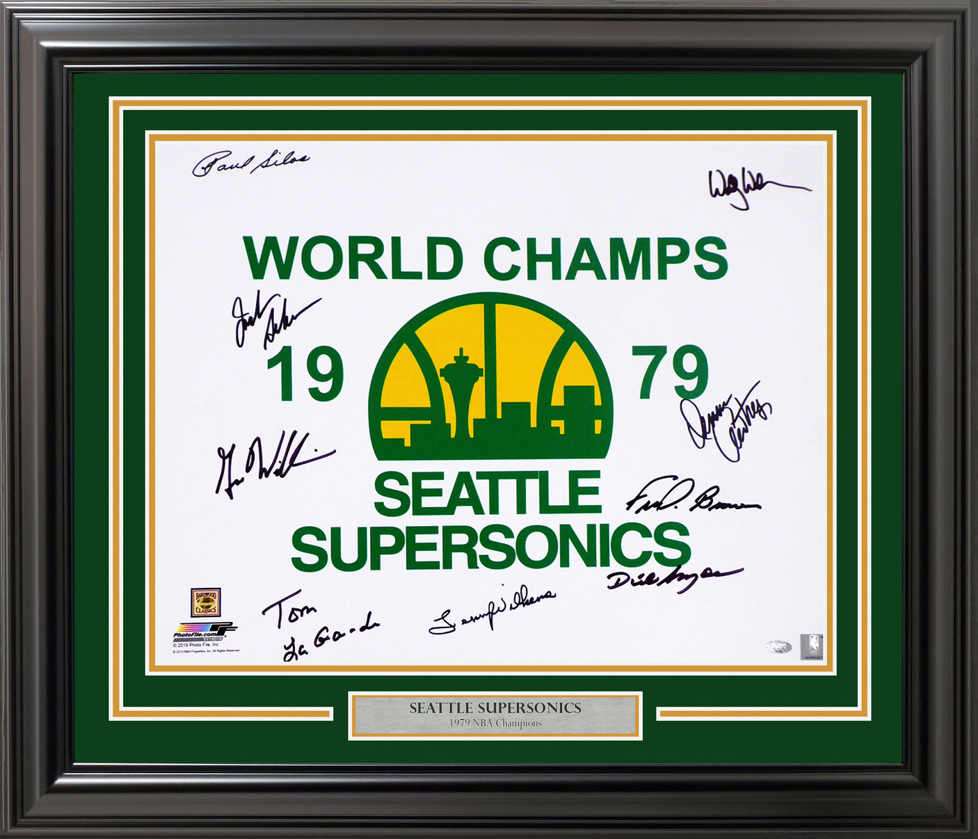 1978-79 NBA Champion Seattle Supersonics Autographed Framed 16x20 Photo Seattle Super Sonics With 9 Signatures Including Fred Brown & Lenny Wilkens MCS Holo Stock #256667